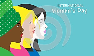 International women`s day poster. Profile faces of different races. photo