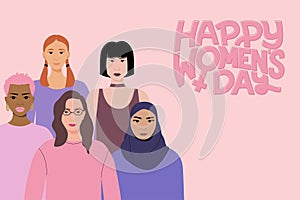 International women\'s day poster with text. Diverse women group vector illustration