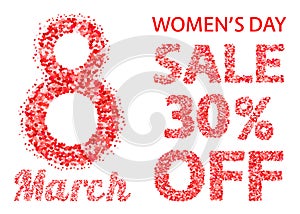 International Women s Day sale banner with letters and numbers of scattered hearts confetti. March 8 vector illustration isolated