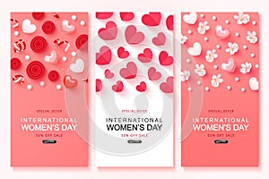 International Womens Day Sale cards collection with romantic decorative elements. Modern design.Universal vector