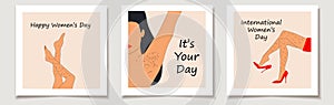 International Women\'s Day. A set of greeting cards with Female unshaved hairy legs and armpit hair set of three Hand drawn