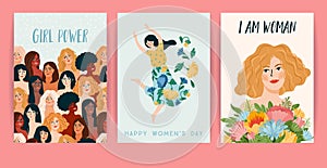 International Women s Day. Set of vector templates with women different nationalities and cultures.