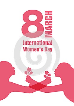 International Women`s Day. Silhouettes of women with outstretched arms holding bouquets of flowers.