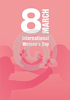 International Women`s Day. Silhouettes of women with outstretched arms holding bouquets of flowers.