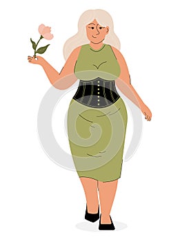 International women's day with standing smiling girls. Vector illustration of happy plum girl with flower.