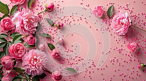 International Women's Day. A top-down image featuring pink peony rosebuds and sprinkles on a pastel pink background