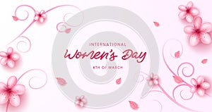 International women's day vector background. Women's day text in empty space with cherry blossom