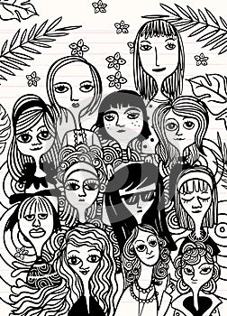 International Women`s Day. Vector pattern with women faces,Vector illustration in doodle style