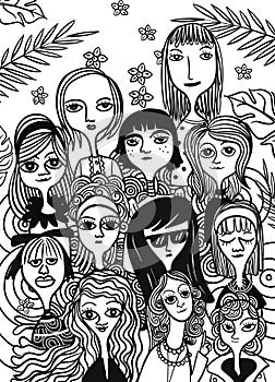 International Women`s Day. Vector pattern with women faces,Vector illustration in doodle style