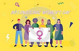 International women`s day. Women of different cultures and nationalities fight for freedom and equality. Women`s day