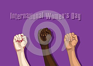 International Women`s Day: Women`s fists on purple background