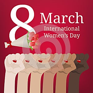 International Women`s Day. Women`s March. Multinational Equality. Female hand with her fist raised up. Girl Power. Vector.