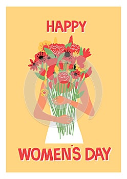 International womens Day card, 8 March poster. woman hold big flowers bouquet. Congratulation text. Beautiful botanical