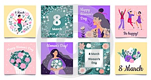 International Womens Day card. Happy women day, 8 March holiday greeting cards vector set