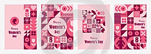 International womens day cards. Set of modern geometric backgrounds for 8 march. Abstract pattern with red shapes