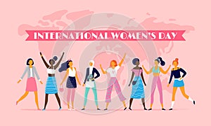 International womens day. Celebrating eight march, sisterhood community and multinational female people vector flat photo