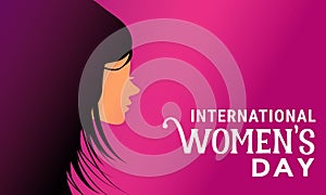 International Womens Day. Illustration of women\'s faces with silky black hair facing aside. IWD theme