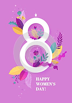 International Womens Day. March 8 banner with floral decor. Cut paper with spring plants, leaves and flowers. Template