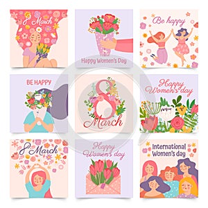 International womens day. Posters with happy dancing woman and spring flowers celebrating 8 march. Cartoon female hold