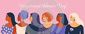 International Womens Day. Vector illustration with women different nationalities and cultures.