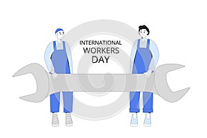 International workers day banner template. Mechanics team with repair equipment. Labour day cards. 1 May holiday. Men holding big