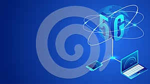 International worldwide 5G data internet network service concept, using internet data service connection of digital device laptop