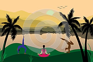 International Yoga Day 21st June a theme people doing yoga in a mountainous region