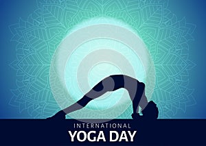 International yoga day background with mandala design and female in yoga pose