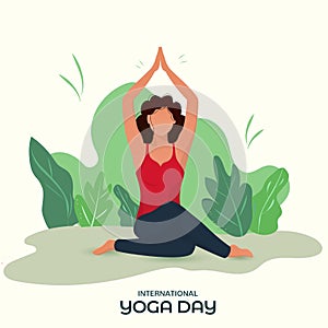 International Yoga Day Poster Design with Faceless Young Woman Doing Yoga Asana on Nature
