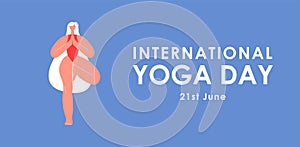 International Yoga Day. Young girl doing the tree pose in yoga. Woman in the Vrksasana pose. Healthy lifestyle. Vector