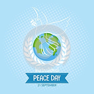 Internationl Peace Day logo or banner with white dove on the earth