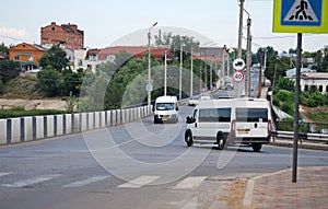 Internatsionalnaya Street and bridge through the river Krymza in the city of Syzran. City landscape. Samara region.