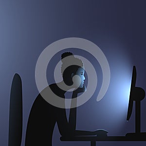 Internet addiction. A black woman with cornrows with bun hairstyle sits at a computer late at night. Vector illustration