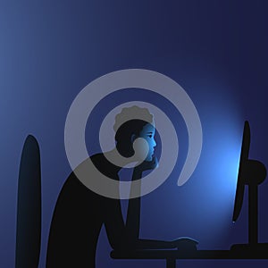 Internet addiction. A black woman with cornrows short hairstyle sits at a computer late at night. Vector illustration of