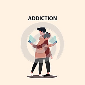 Internet addiction. Millennial couple staring into smartphones while hugging, vector illustration in flat style