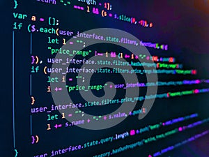 Internet app development and design. Data bits computer bits, shadow and dark vignette effect. Script on computer with source code