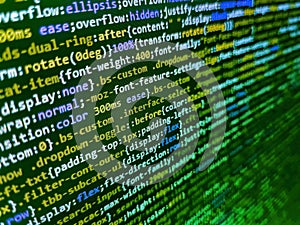 Internet app development and design. Programming, webdesign HTML printed code. Digital technology on display. Template of website