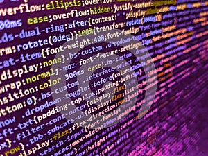 Internet app development and design. Programming, webdesign HTML printed code. Digital technology on display. Template of website