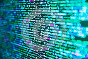 Internet app development and design. RNN Neural Network source code. Shallow Depth of Field effect. Coding programmer abstract