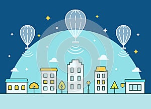 Internet Balloons Floating above the Town. Providing Internet Access Illustration photo