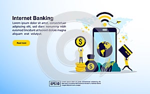 Internet banking concept with icon and character. Template for web landing page, banner, presentation, social media, poster,