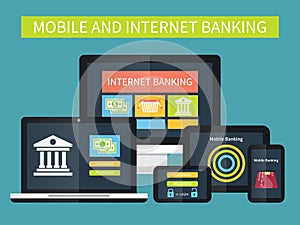 Internet banking, online transaction. Mobile banking on different devices