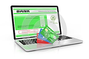 Internet banking service. Laptop and credit cards