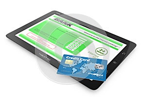 Internet banking service. Tablet PC and credit card