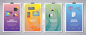 Internet banner set of communication, marketing and strategy icons