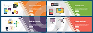 Internet banner set of communication, marketing and strategy icons