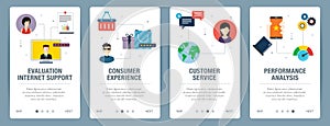 Internet banner set of evaluation, customer service and performance analysis icons