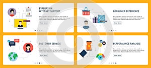 Internet banner set of evaluation, customer service and performance analysis icons