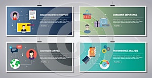 Internet banner set of evaluation, customer service and performance analysis icons