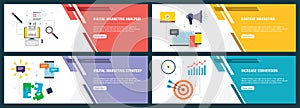 Internet banner set with marketing digital, analytics and strategy icons